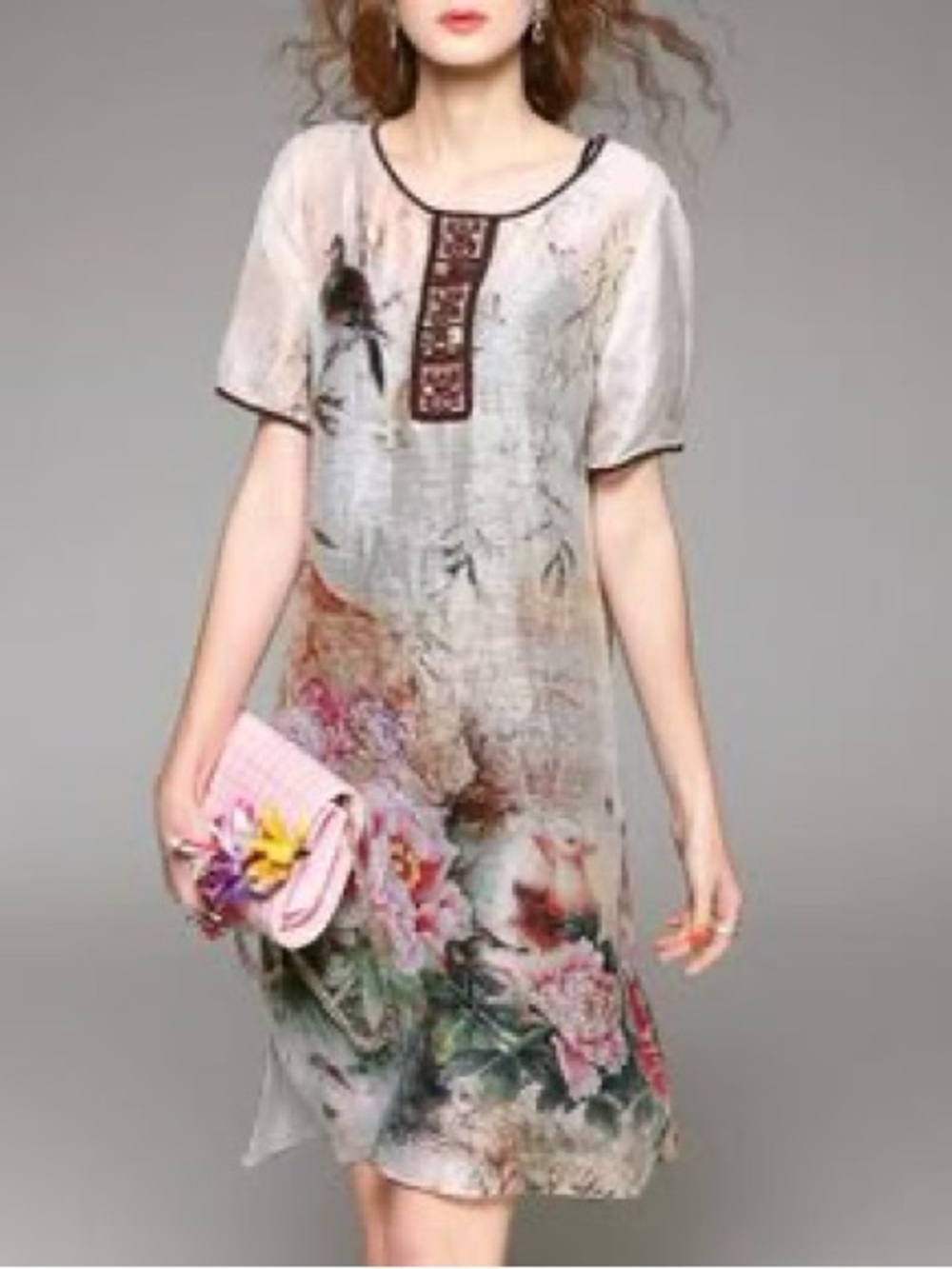Floral And Bird Print Short-Sleeve Silk and Linen Shift Dress